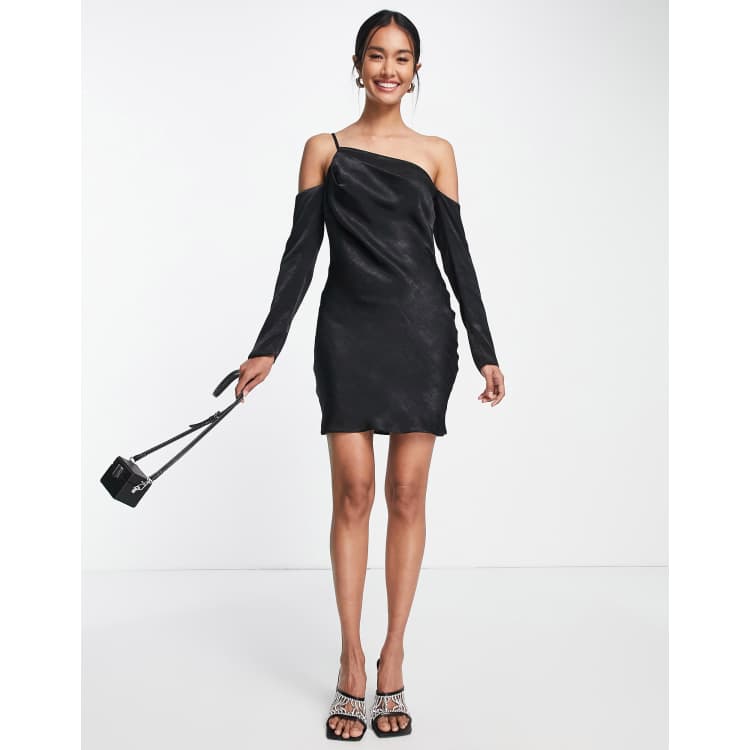 ASOS DESIGN asymmetric satin mini dress with cold shoulder in black