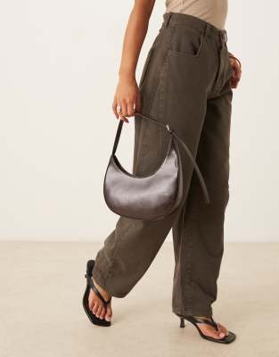 Asos Design Asymmetric Scoop Shoulder Bag With Buckle Detail In Brown