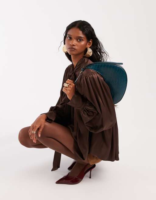 ASOS DESIGN asymmetric scoop shoulder bag with buckle detail in dark turquoise croc, 2 of 4