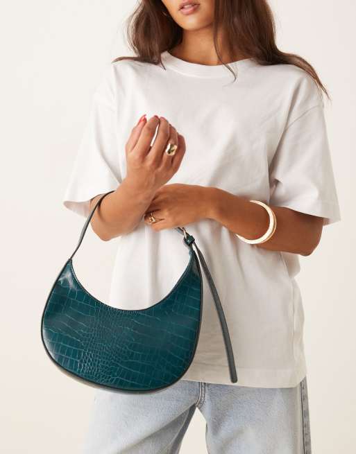 ASOS DESIGN asymmetric scoop shoulder bag with buckle detail in dark turquoise snake