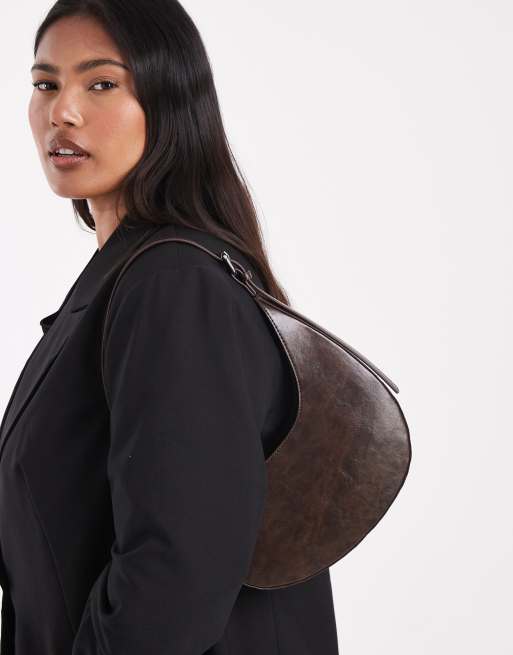 ASOS DESIGN asymmetric scoop shoulder bag with buckle detail in washed chocolate