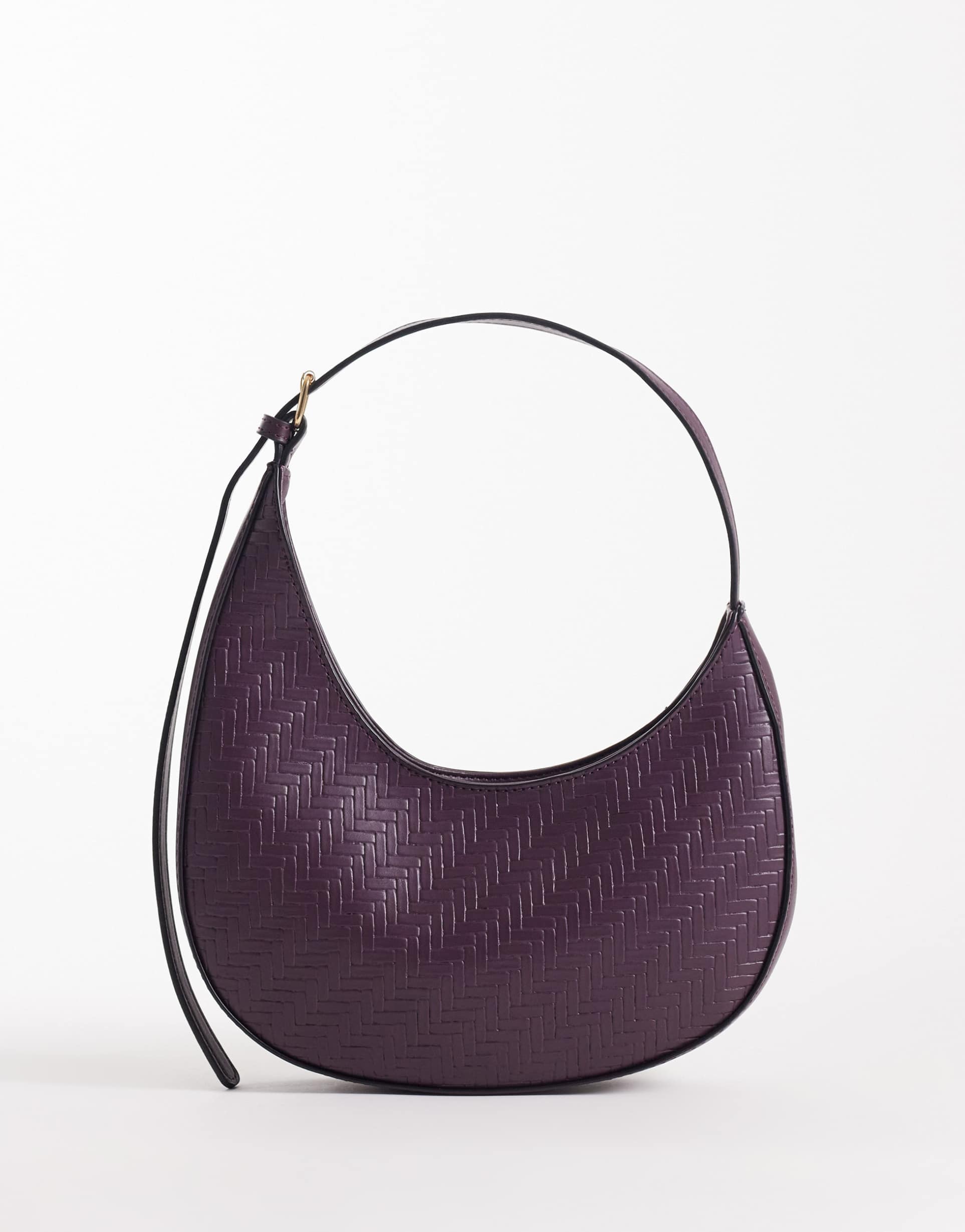 asos design asymmetric scoop shoulder bag with buckle detail in woven burgundy