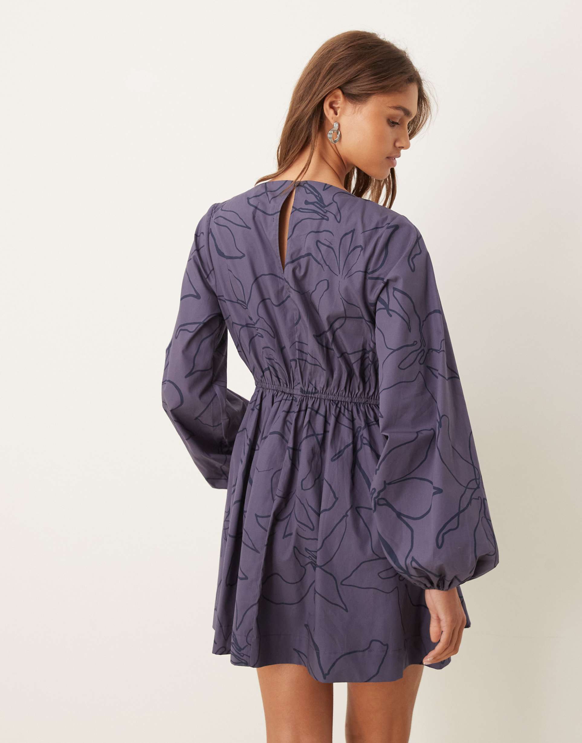 asos design asymmetric seamed ruched mini dress in blue squiggle floral