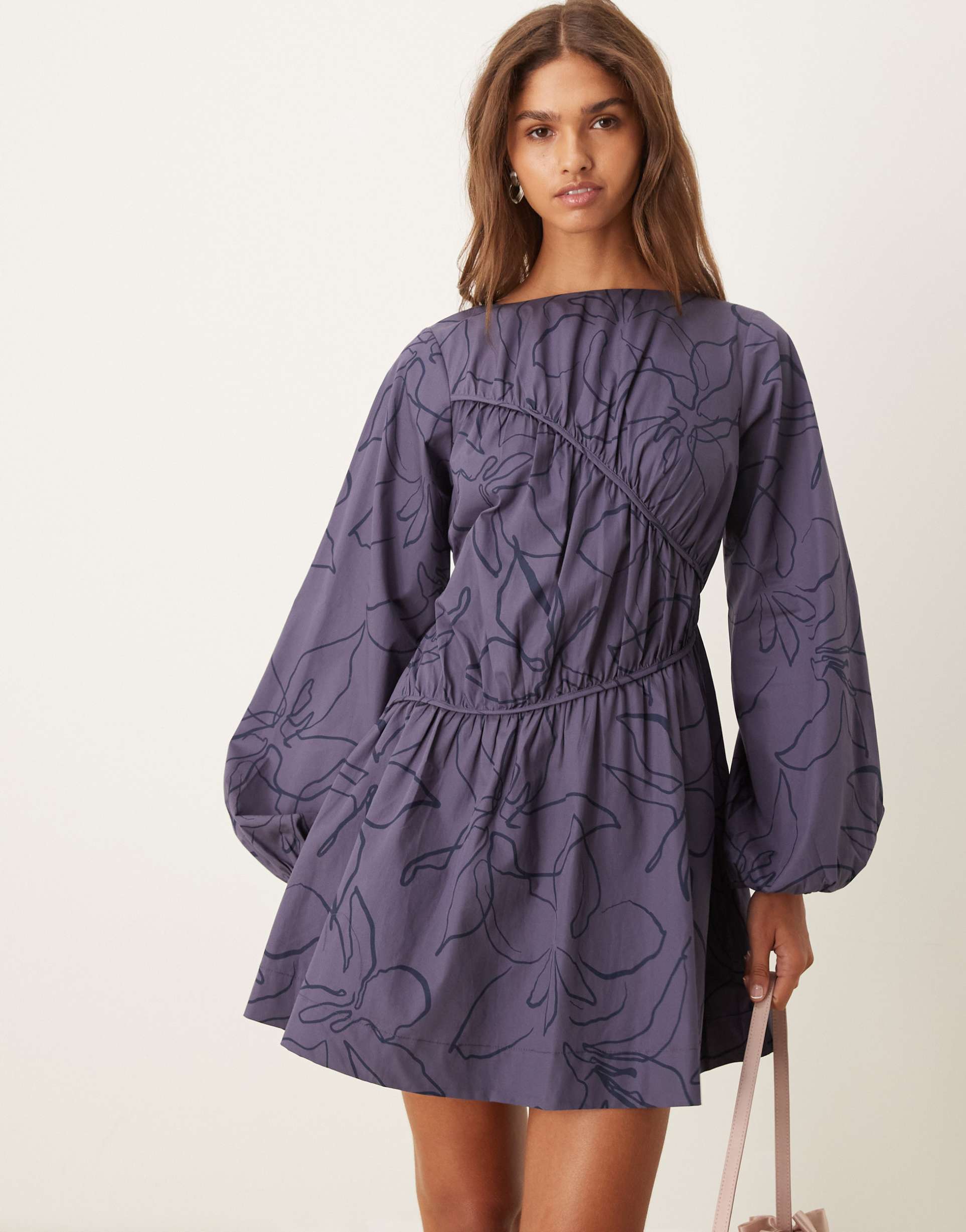 asos design asymmetric seamed ruched mini dress in blue squiggle floral