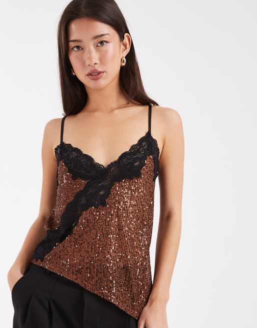 ASOS DESIGN asymmetric sequin cami with lace trim in brown, 2 of 4