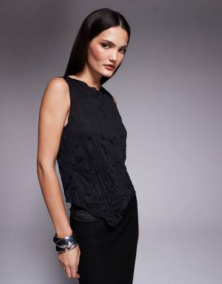 Asos Design Asymmetric Sheer Crinkle Tank Top-black