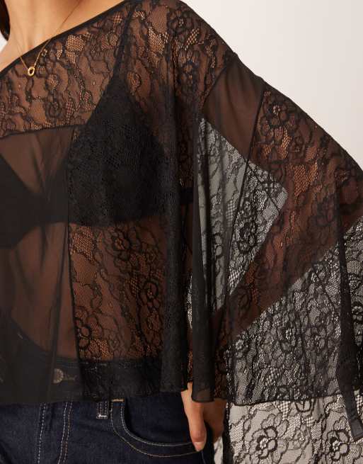 ASOS DESIGN asymmetric sheer lace cape top in black - BLACK, 4 of 4