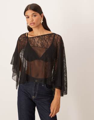 Asos Design Asymmetric Sheer Lace Cape Top In Black