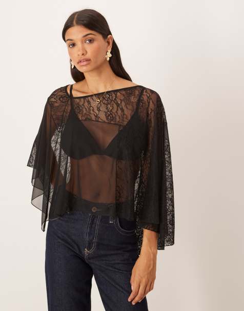 ASOS DESIGN asymmetric sheer lace cape top in black - view 1