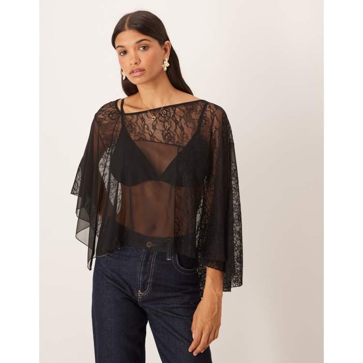 ASOS DESIGN asymmetric sheer lace cape top in black | ASOS