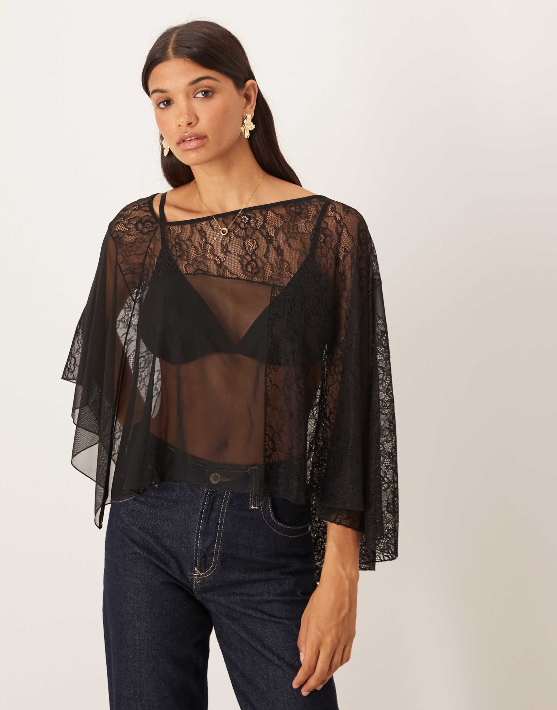 asos design asymmetric sheer lace cape top in black