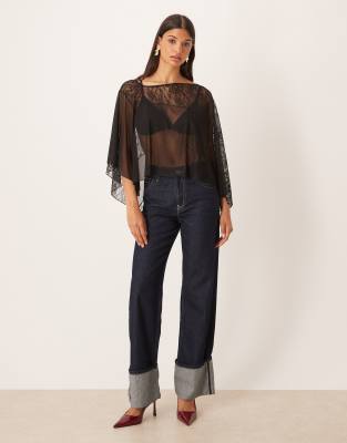 Asos Design Asymmetric Sheer Lace Cape Top In Black