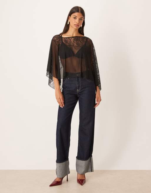 ASOS DESIGN asymmetric sheer lace cape top in black, 2 of 4