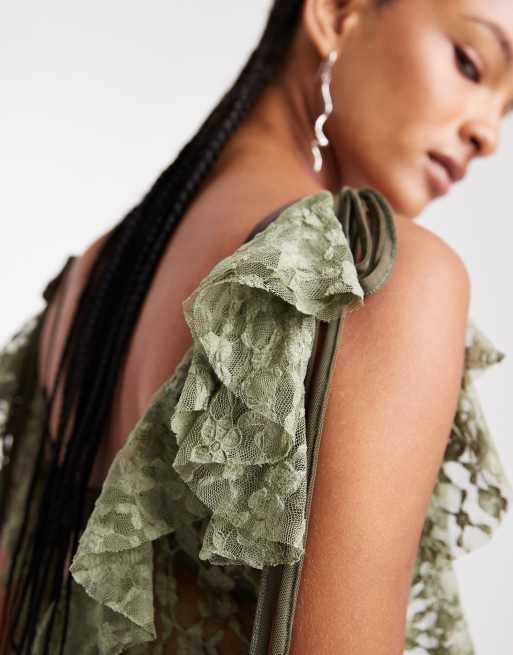 ASOS DESIGN asymmetric sheer lace maxi with shredded detailing and exposed seams in khaki, 4 of 5