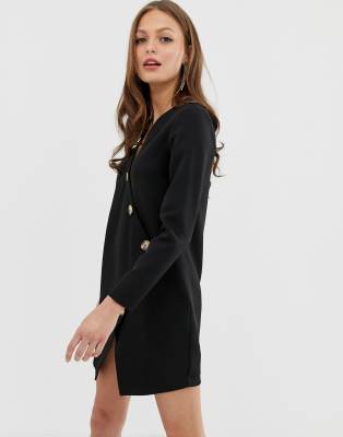 ASOS DESIGN asymmetric shift mini dress with tortoiseshell buttons-Black