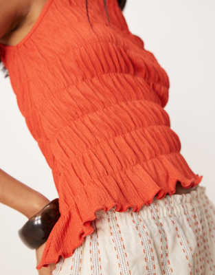 Asos Design Asymmetric Shirred Top In Orange