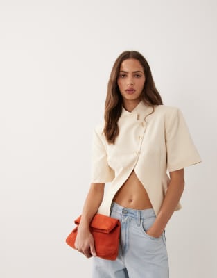 Asos Design Asymmetric Short Sleeve Blazer In Neutral