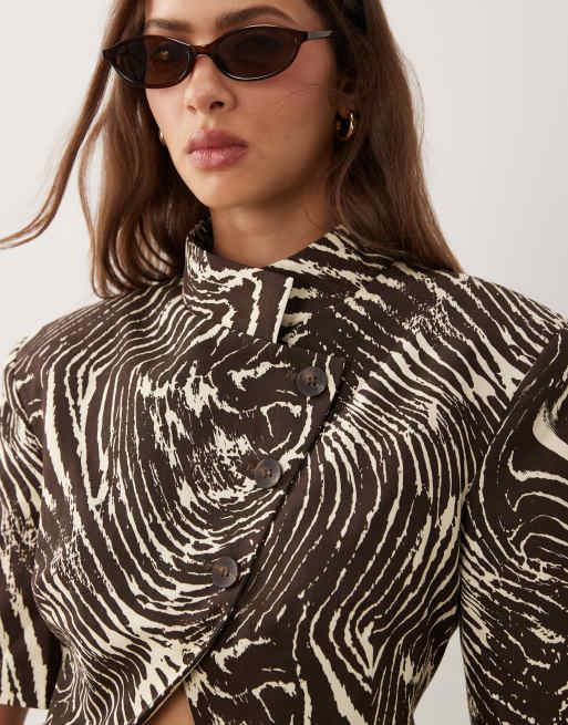 ASOS DESIGN asymmetric short sleeve blazer in zebra print, 3 of 4