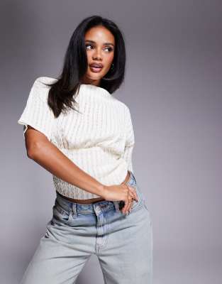 ASOS DESIGN asymmetric short sleeve top with cinch waist detail in ivory - view 1