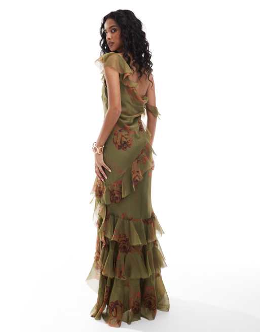ASOS DESIGN asymmetric shoulder bias cut maxi dress with ruffle details in floral print