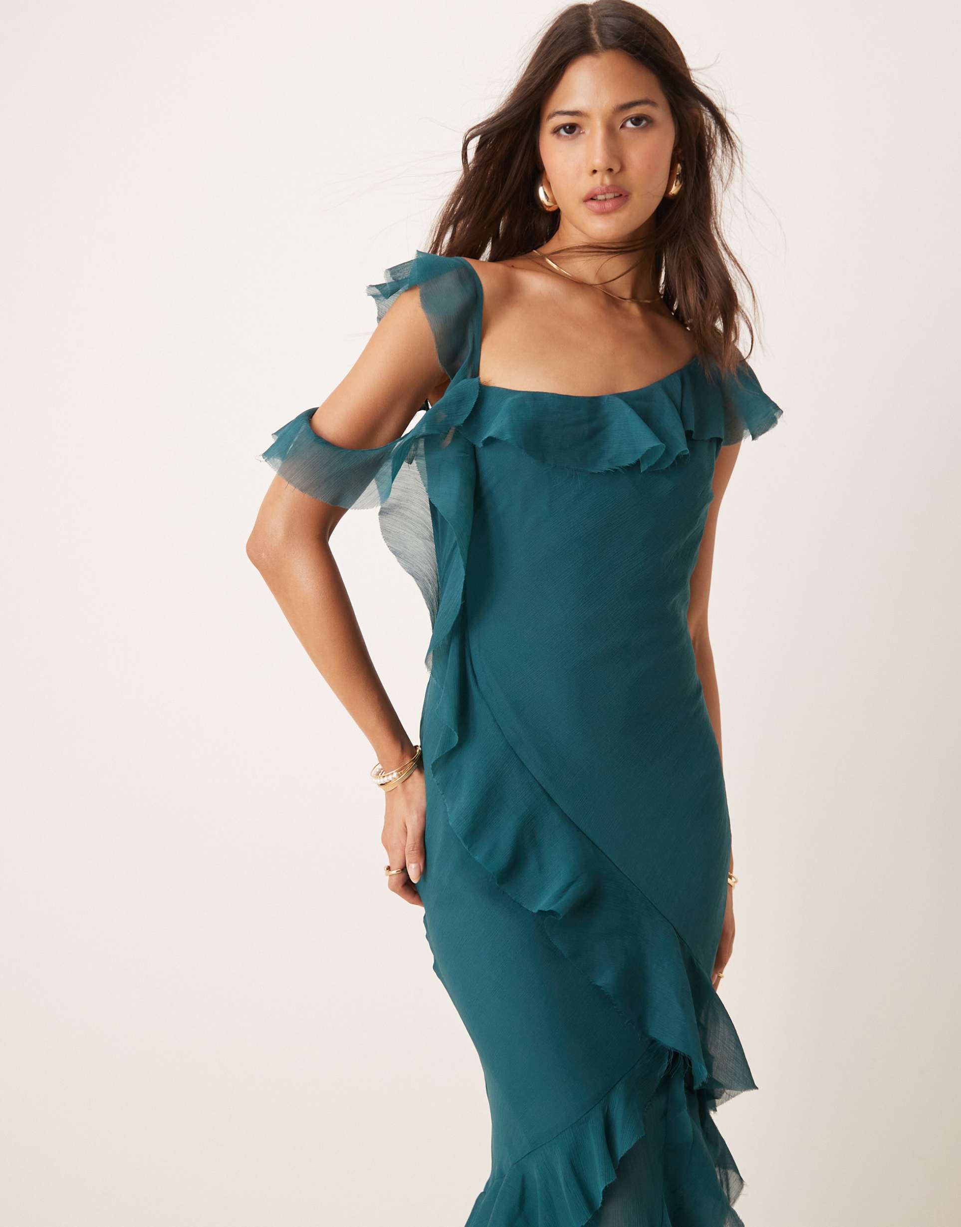 asos design asymmetric shoulder bias cut maxi dress with ruffle details in pine green