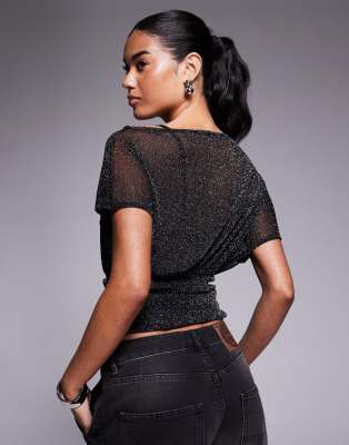 Asos Design Asymmetric Shoulder Semi Sheer Metallic Top In Black
