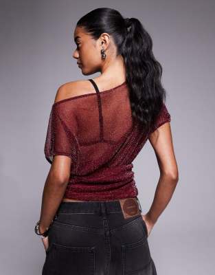 Asos Design Asymmetric Shoulder Semi Sheer Metallic Top In Burgundy