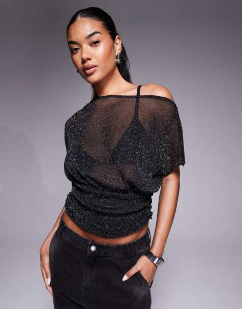 ASOS DESIGN asymmetric shoulder sheer metallic top in black - view 1