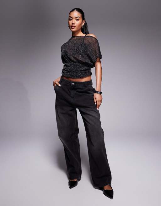 ASOS DESIGN asymmetric shoulder sheer metallic top in black
