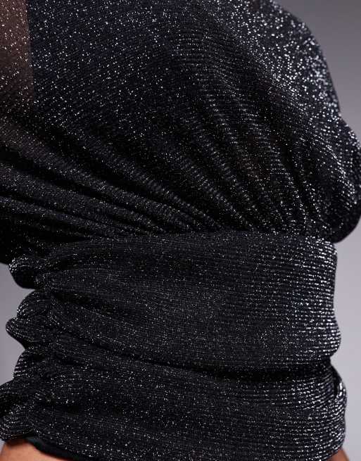 ASOS DESIGN asymmetric shoulder sheer metallic top in black, 4 of 4