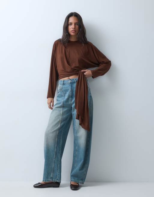ASOS DESIGN Asymmetric side tie t-shirt in brown, 2 of 9