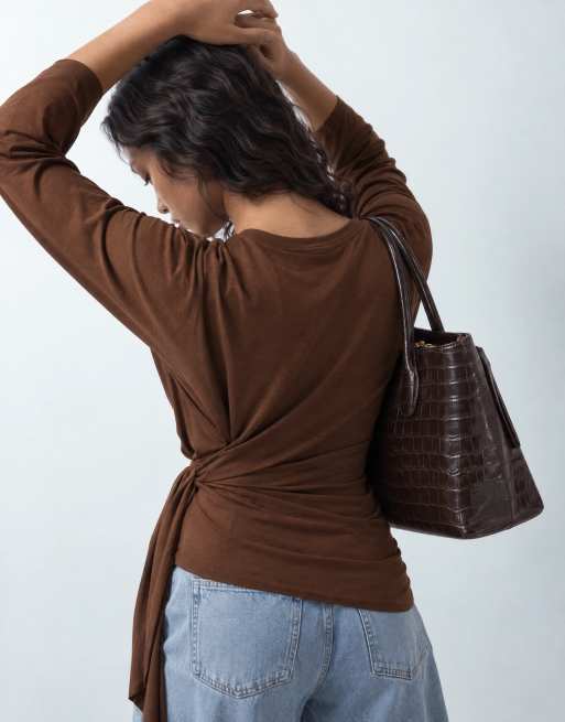ASOS DESIGN Asymmetric side tie t-shirt in brown, 5 of 9
