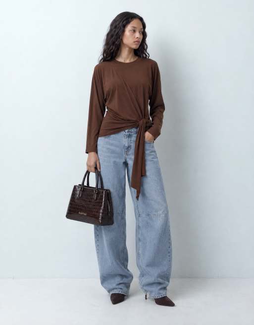 ASOS DESIGN Asymmetric side tie t-shirt in brown, 6 of 9