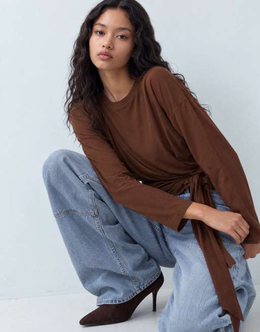 ASOS DESIGN Asymmetric side tie t-shirt in brown, 7 of 9