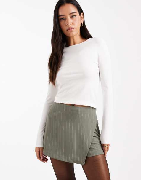 ASOS DESIGN asymmetric skort in khaki stripe - view 1