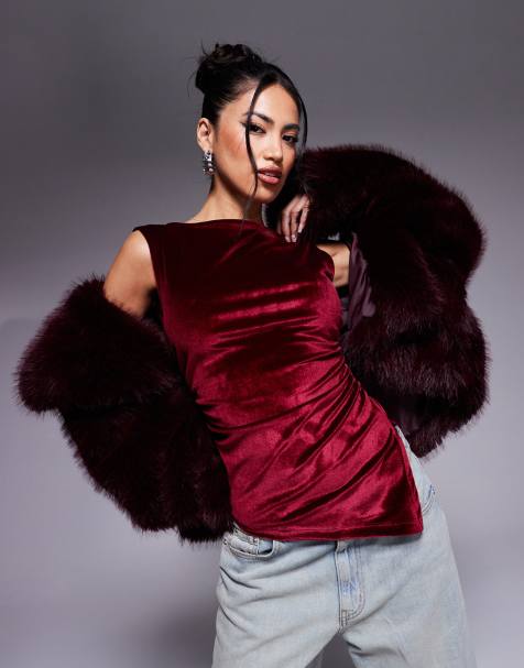 ASOS DESIGN asymmetric slash neck velvet top in plum - view 1