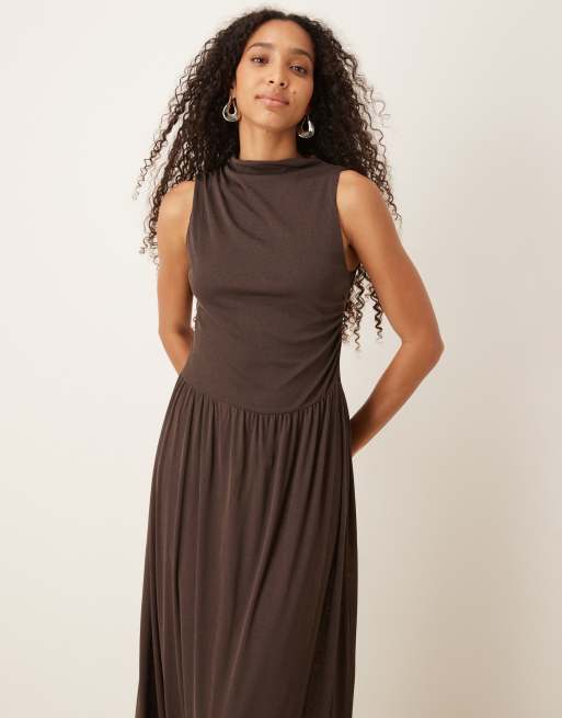ASOS DESIGN asymmetric sleeve dropped waist midi dress in brown, 4 of 4
