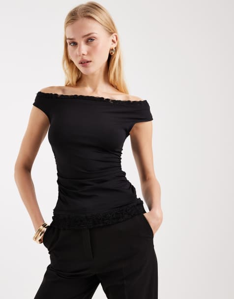 ASOS DESIGN asymmetric sleeve lace trim detail top in black - view 1