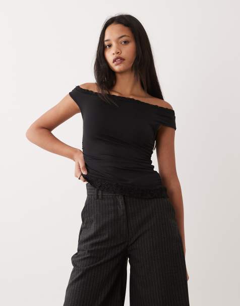 ASOS DESIGN asymmetric sleeve lace trim detail top in black