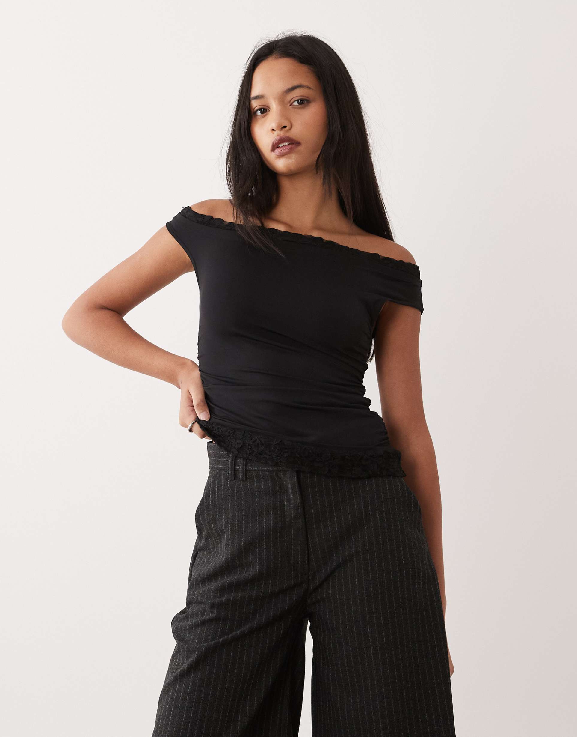 asos design asymmetric sleeve lace trim detailing top in black