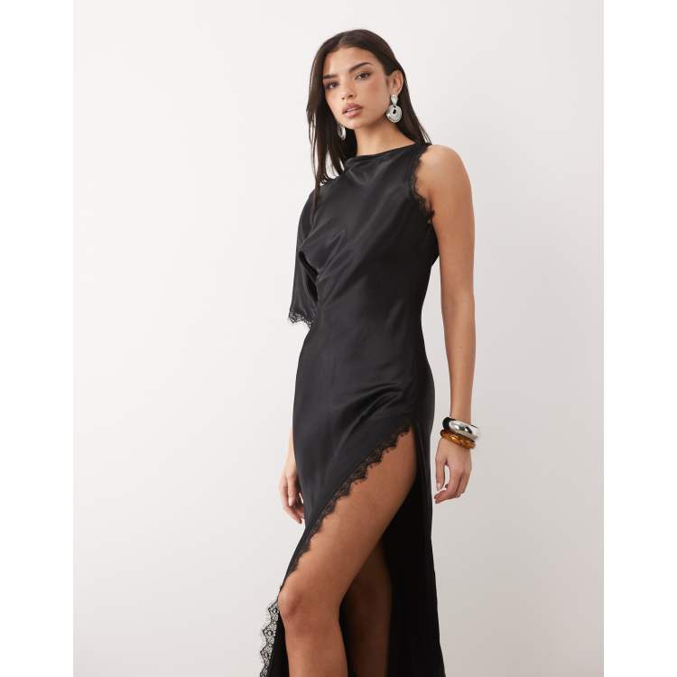 asos black asymmetric dress Design - Sleeve Lace Trim Satin Maxi - Women - Viscose - 8 US SCV021327_B_XXL shoulder style and elegant Embellished custom made birthday Color:PASTEL LILAC