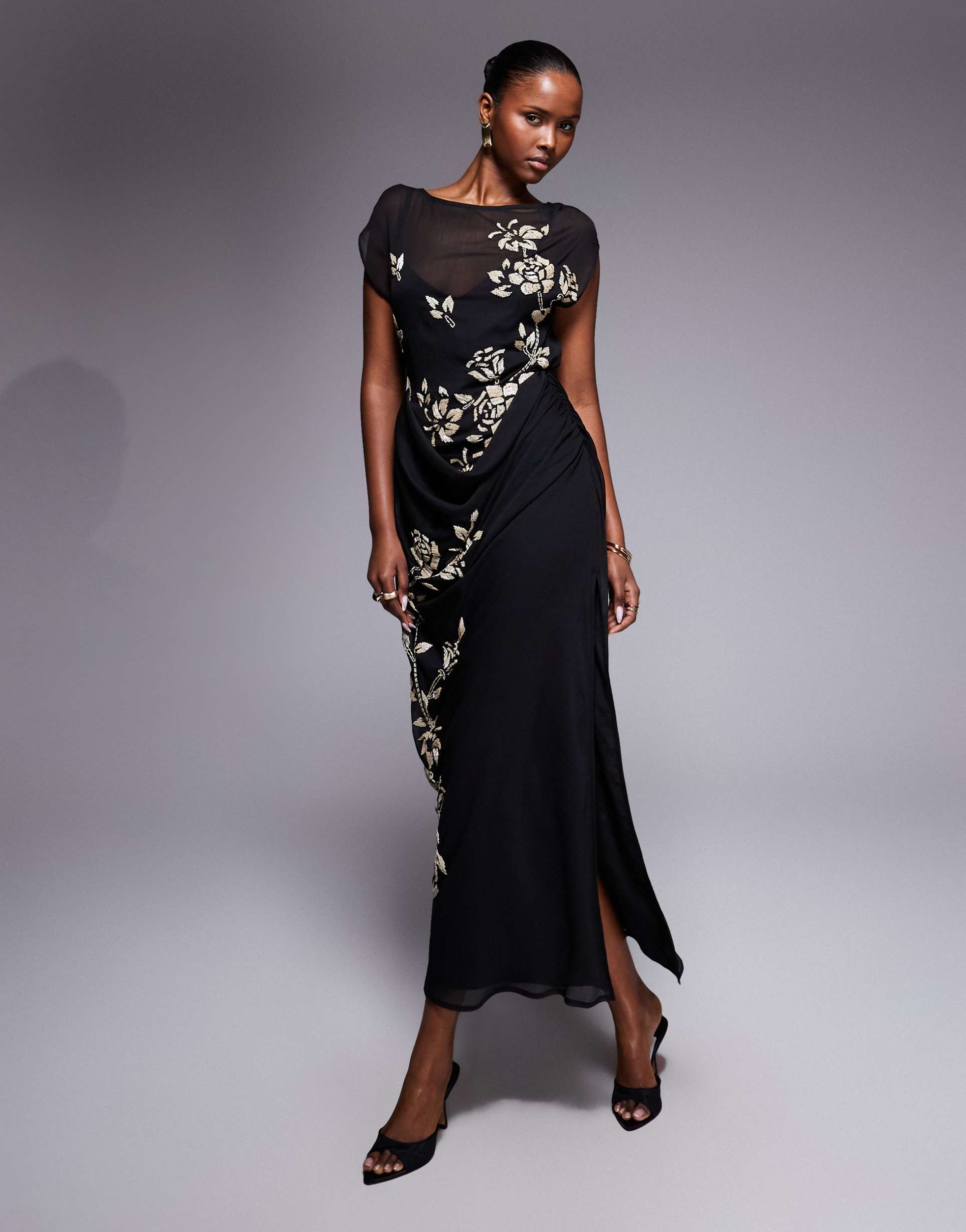 asos design asymmetric sleeve maxi dress with floral embellishment in mono