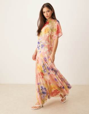 ASOS DESIGN asymmetric sleeve maxi dress with godet hem in abstract print-Multi