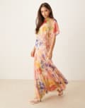 [ASOS DESIGN] ASOS DESIGN asymmetric sleeve maxi dress with godet hem in abstract print-Multi 18 Abstract print