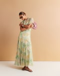 [ASOS DESIGN] ASOS DESIGN asymmetric sleeve maxi dress with godet hem in pastel blur print-Multi 18 PASTEL BLUR PRINT
