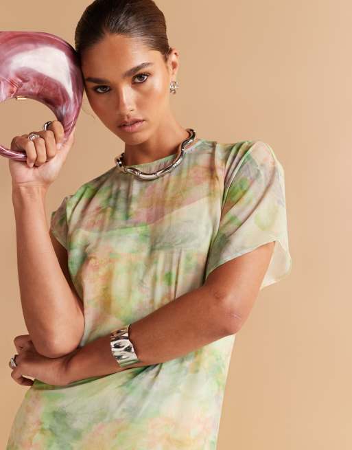 ASOS DESIGN asymmetric sleeve maxi dress with godet hem in pastel blur print, 3 of 4