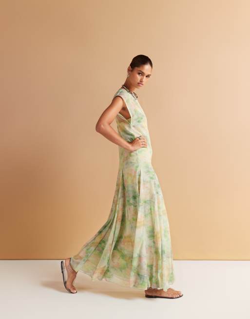 ASOS DESIGN asymmetric sleeve maxi dress with godet hem in pastel blur print, 4 of 4