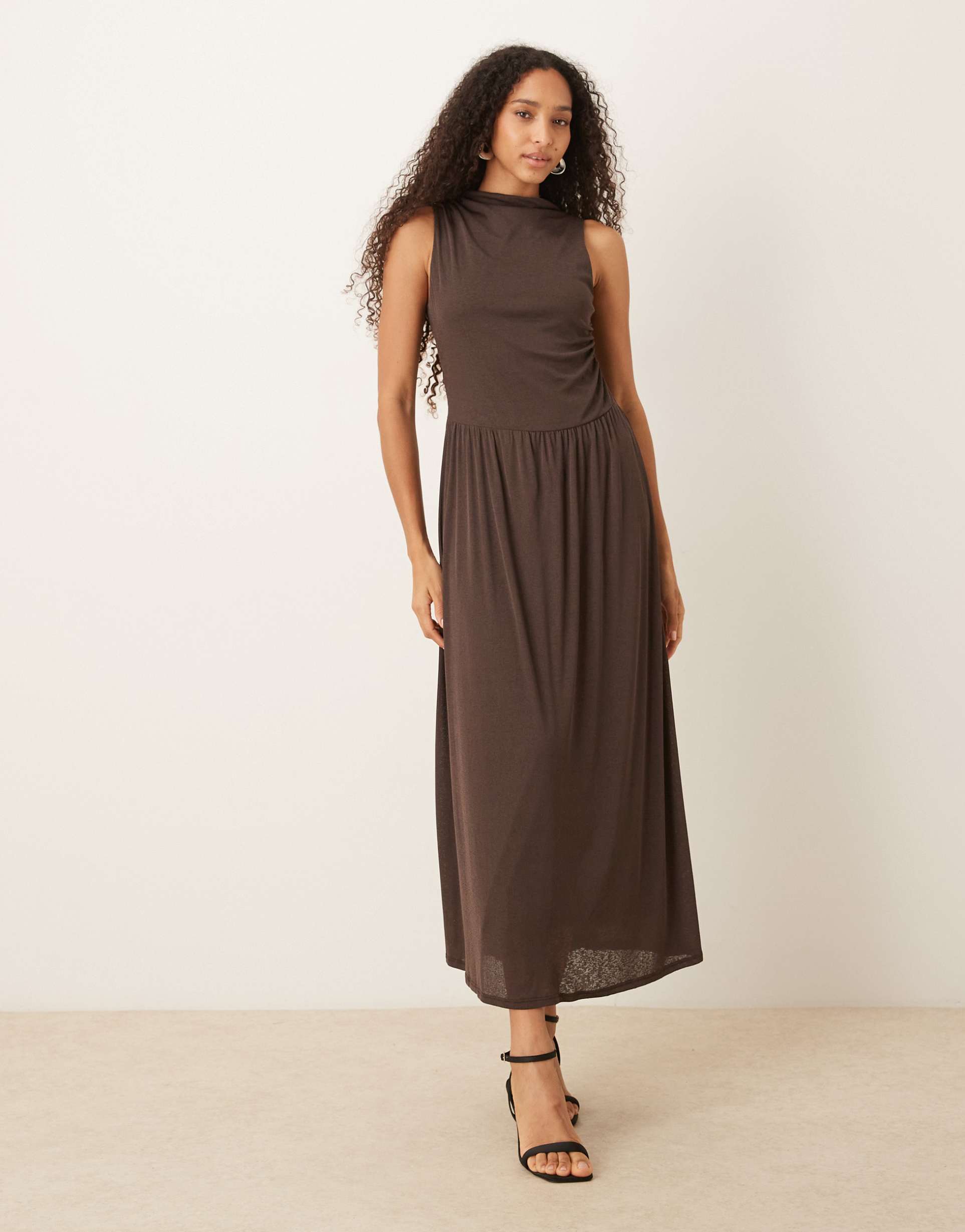 asos design asymmetric sleeveless dropped waist midi dress in brown