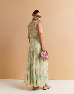 ASOS DESIGN asym sleeve maxi dress with godet hem in pastel blur print