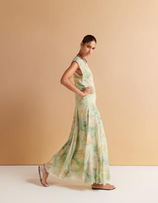ASOS DESIGN asym sleeve maxi dress with godet hem in pastel blur print